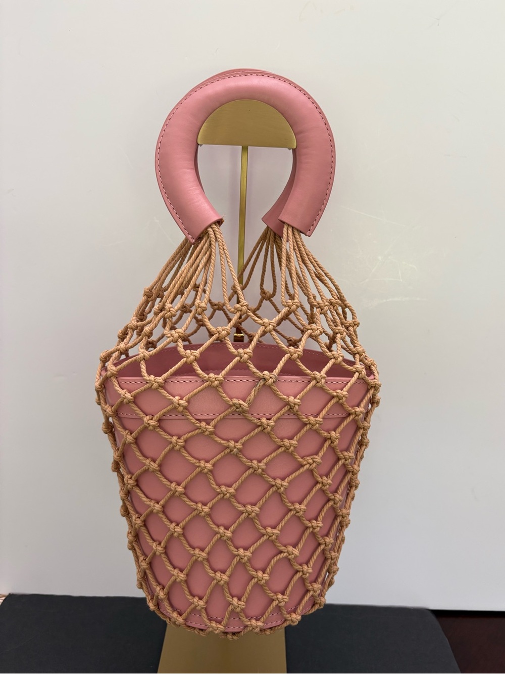 STAUD Pink Moreau Leather and Net Bucket Bag
